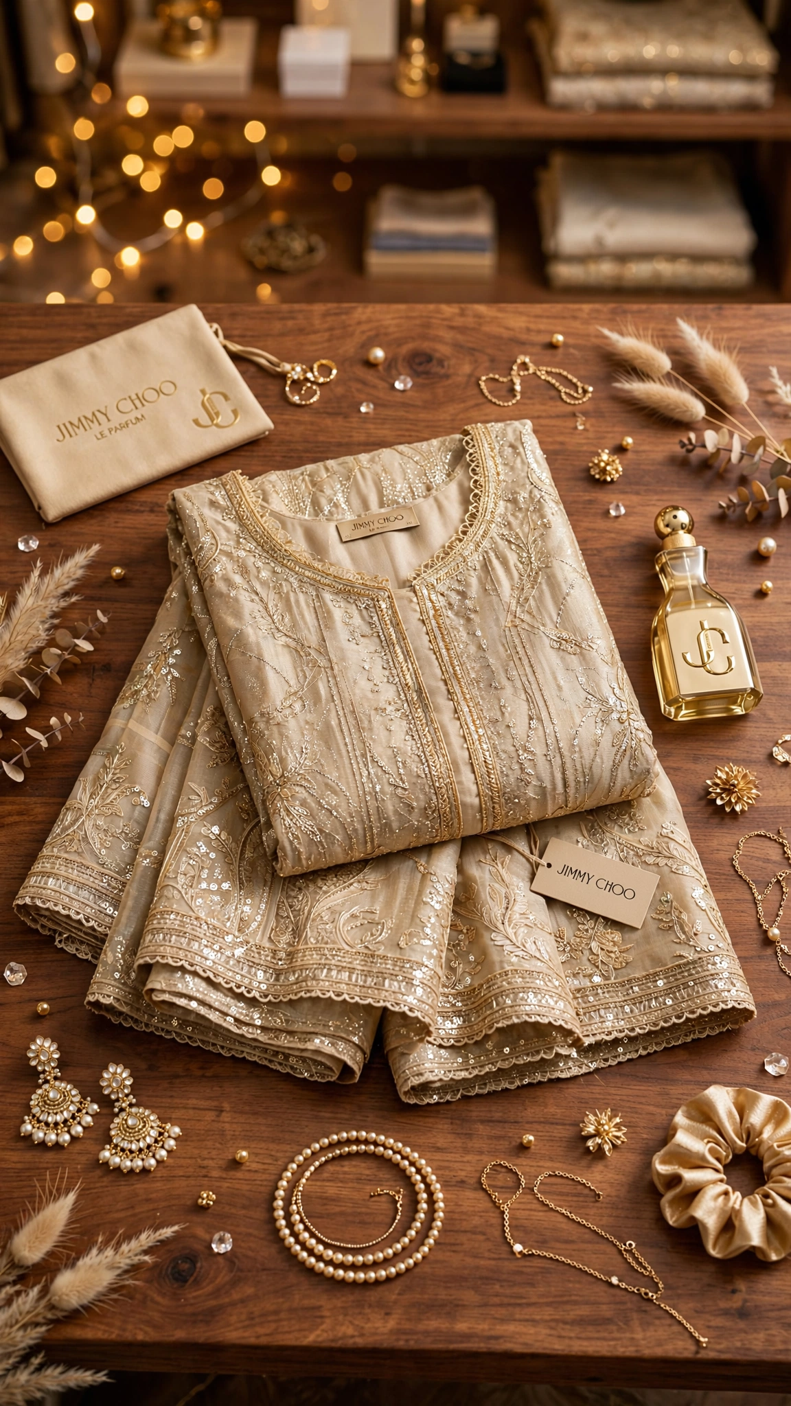 Luminous Champagne Embroidered Anarkali Ensemble with Sequin Detailing - Image 3