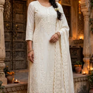 Ivory Hand-Embroidered Chikankari Kurta Set