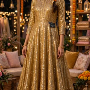Luminous Golden Sequin Embroidered Anarkali Gown