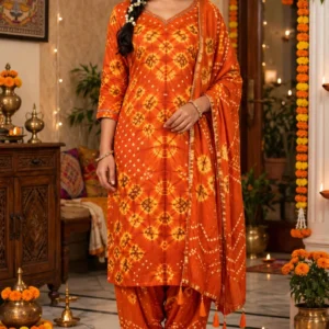 Vibrant Orange Bandhani Print Festive Salwar Suit Set