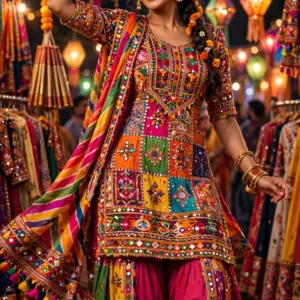 Navratri Festive Mirror-Work Patiala Set – Available in Multicolour Patchwork & Vibrant Pink Patchwork