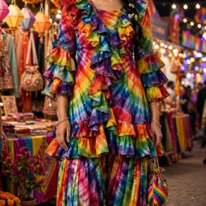 Vibrant Rainbow Tie-Dye Ruffle Patiala Suit Set
