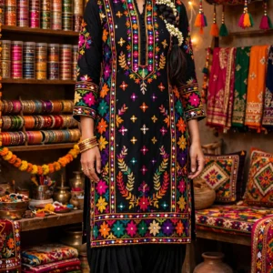 Midnight Bloom Embroidered Phulkari Patiala Suit Set