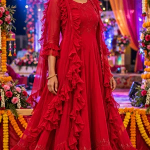 Scarlet Radiance Ruffled Organza Anarkali Set