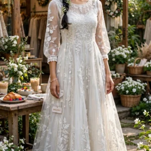 Ethereal Ivory Floral Embroidered Organza Anarkali Gown