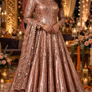 Aura Shimmer Embroidered Anarkali Ensemble with Scalloped Hem