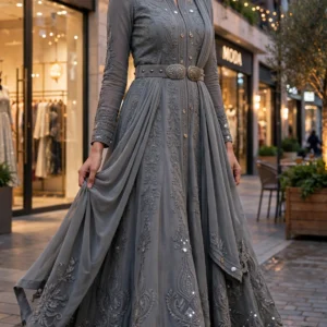 Heritage Grey Embroidered Belted Anarkali Set