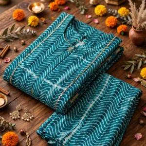 Teal Wave Bandhani Print Anarkali Suit Set – Classic Festive Elegance