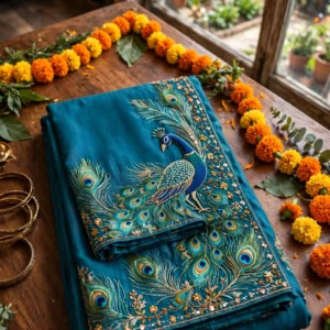 Peacock Motif Embroidered Royal Teal Silk Anarkali Suit Set