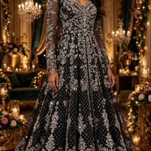 Midnight Radiance Embellished Net Anarkali Set – Black