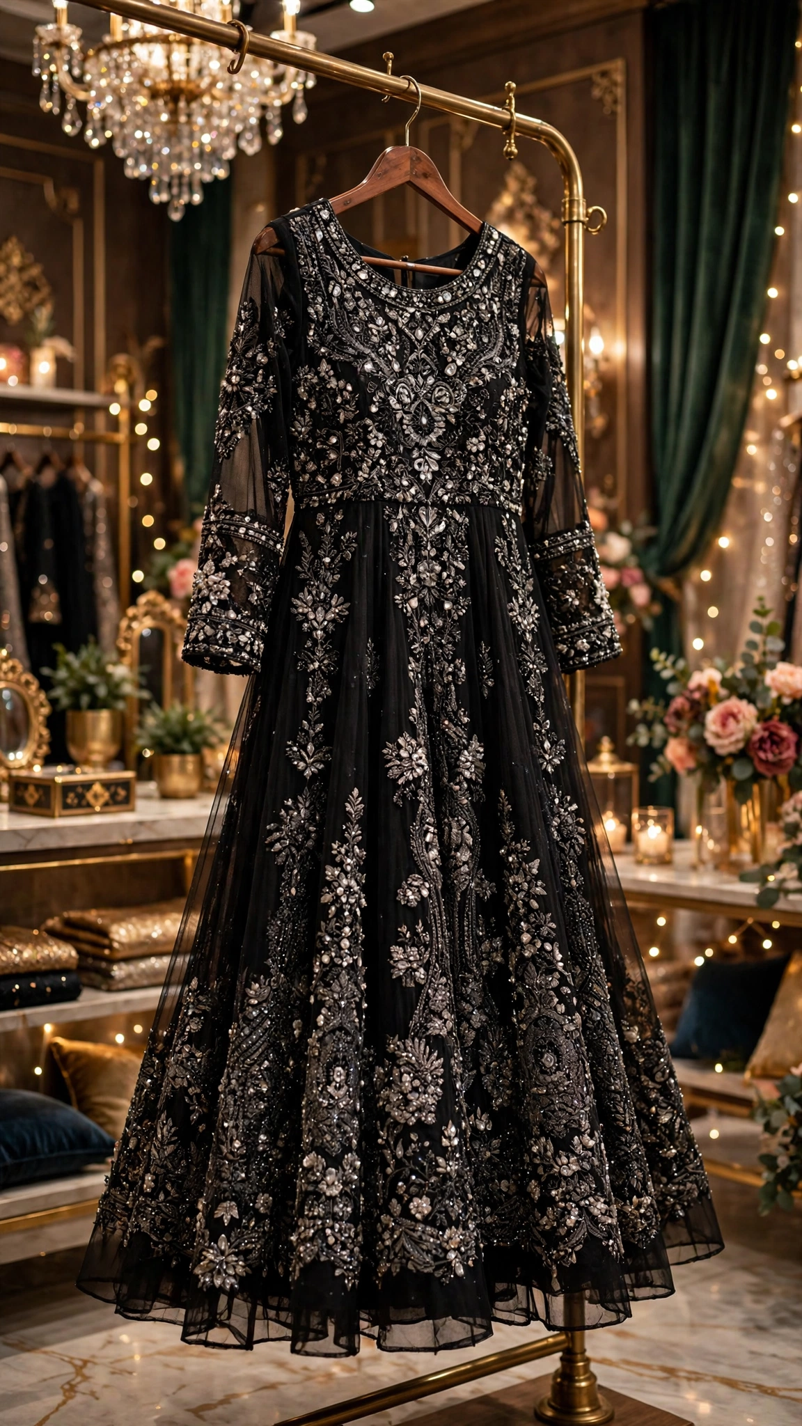 Midnight Radiance Embellished Net Anarkali Set – Black - Image 2