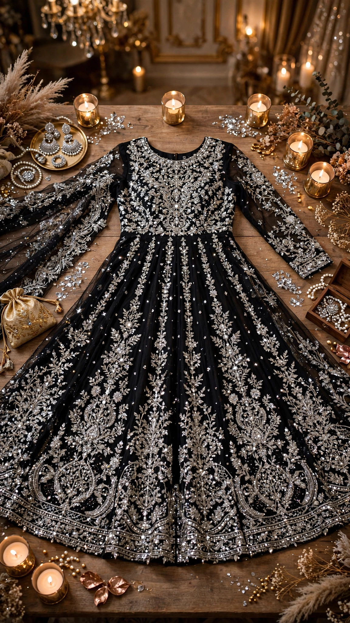 Midnight Radiance Embellished Net Anarkali Set – Black - Image 3