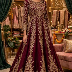 Royal Wine Velvet Anarkali Suit with Zari & Stone Embellishments