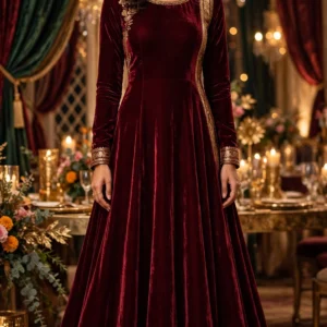 Maroon Velvet Embroidered Anarkali Ensemble – Luxury Banquet Edition