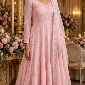 Blush Pink Embroidered A-Line Ethnic Kurta Set with Dupatta