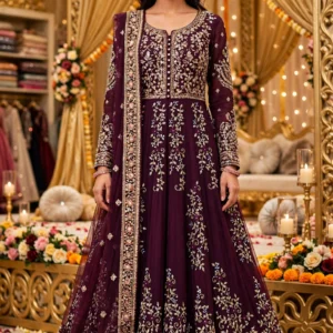 Regal Zardosi Velvet Anarkali Set – Available in Midnight Burgundy & Deep Plum
