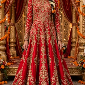 Royal Crimson Zardosi Anarkali Bridal Ensemble – Handcrafted Luxury