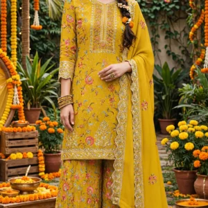 Sun-Kissed Mustard Floral Embroidered Haldi Sharara Set