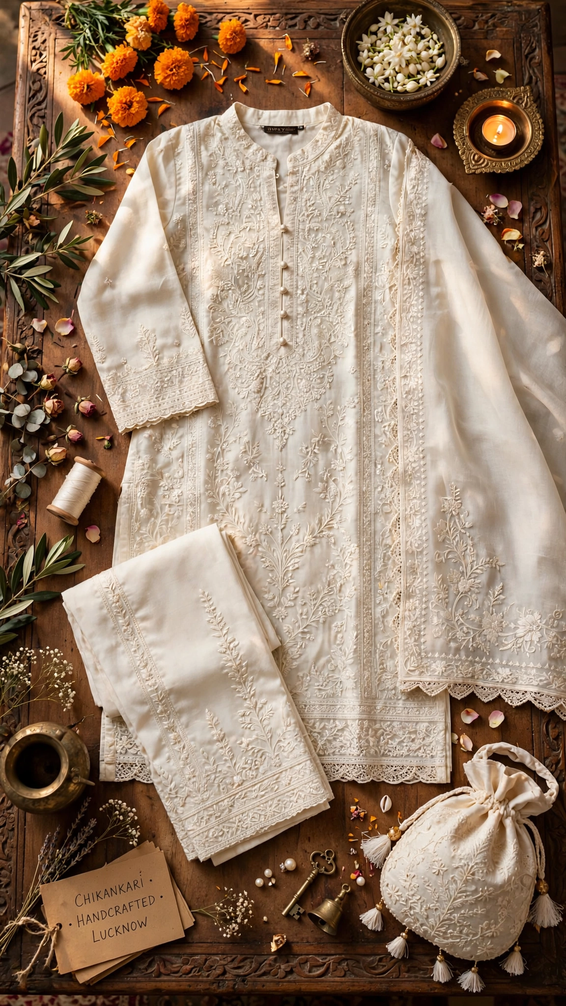 Ethereal Ivory Handcrafted Chikankari Suit Set – Available in Cream & Off-White - Image 2