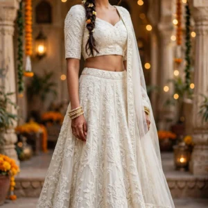 Artisanal Kalamkari Motif Embroidered Lehenga Set – Available in Pristine Ivory & Heritage Monochrome