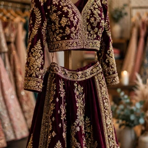 Regal Handcrafted Velvet Lehenga Set – Available in Royal Maroon & Emerald Green