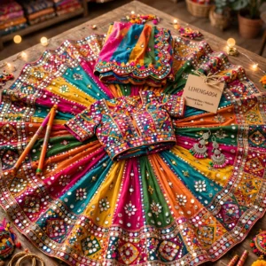 Opulent Royal Velvet & Festive Mirror-Work Lehenga Sets – Available in Regal Maroon & Multicolour Garba Chic