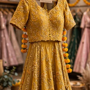 Sun-Kissed Mustard Floral Embroidered Lehenga Set – Festive Haldi Edit