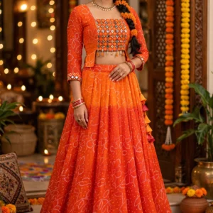 Vibrant Bandhani Mirror-Work Lehenga Choli Set – Available in Radiant Orange & Kaleidoscope Multi-Colour