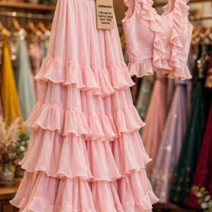 Enchanting Pastel Pink Festive Lehengas – Available in Tiered Ruffle Chiffon & Floral Embellished Silk