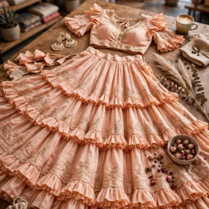 Ethereal Tiered Ruffle Lehenga Choli Set – Available in Pastel Pink & Soft Peach