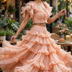 Ethereal Tiered Ruffle Lehenga Set – Available in Peach & Multicolour