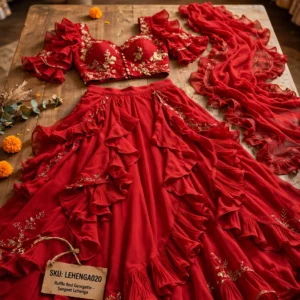 Scarlet Ruffle-Layered Georgette Lehenga Set – Festive Elegance Collection