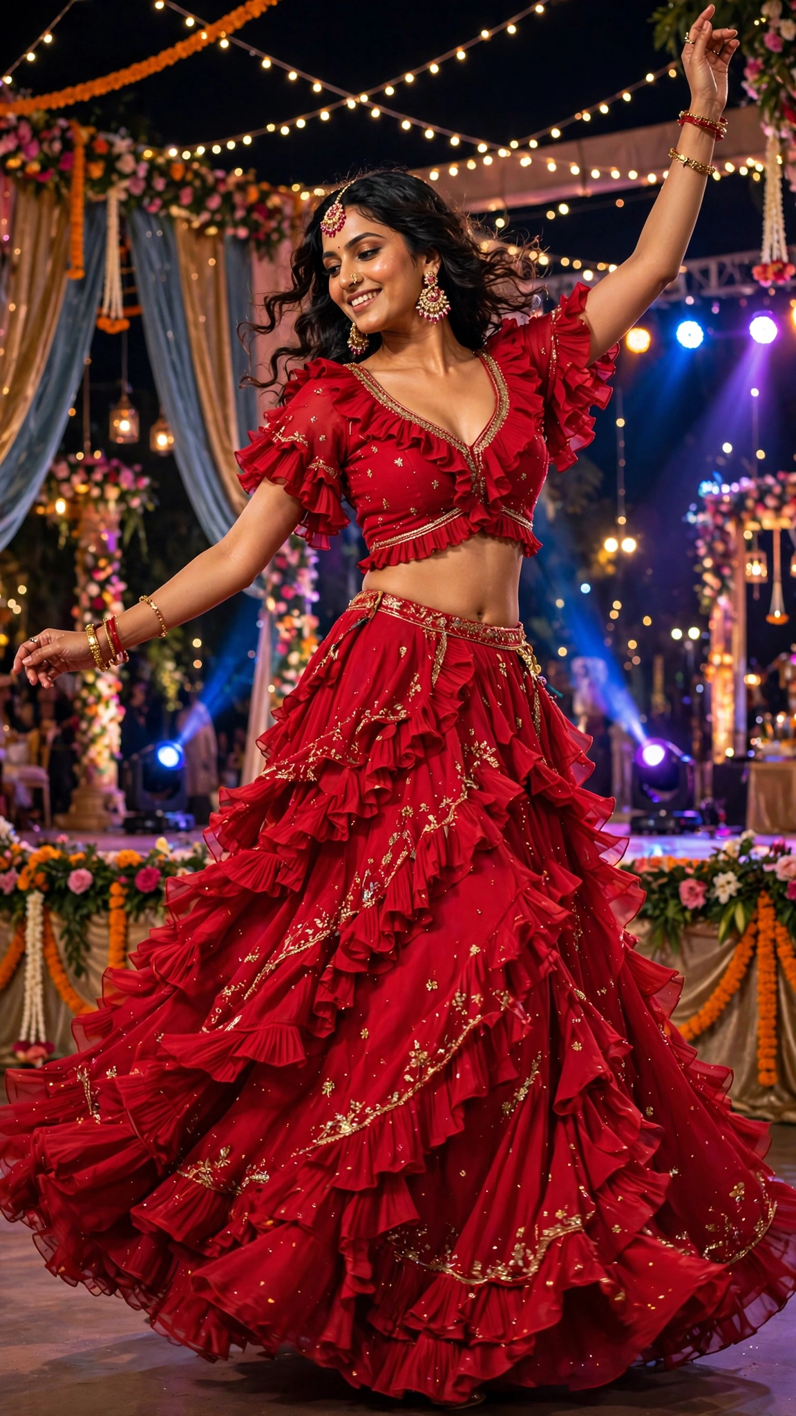 Scarlet Ruffle-Layered Georgette Lehenga Set – Festive Elegance Collection - Image 2