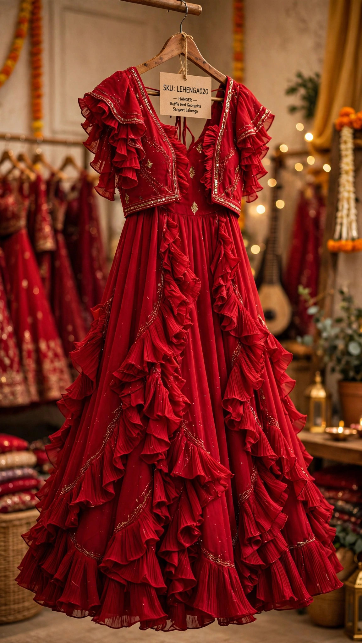 Scarlet Ruffle-Layered Georgette Lehenga Set – Festive Elegance Collection - Image 3