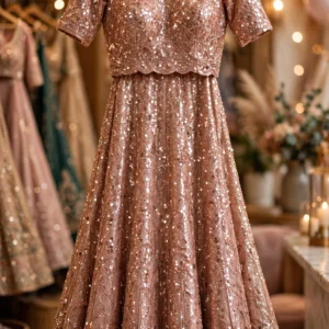 Aura of Radiance Sequinned Rose Gold Lehenga Set