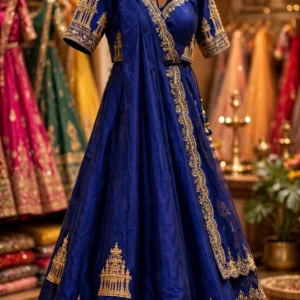 Heritage Temple Motif Embroidered Royal Blue & Shimmering Silver Lehengas – Available in Royal Blue & Shimmering Silver