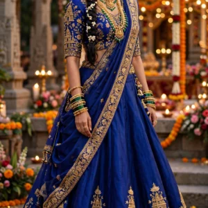 Enchanting Temple Motif Lehenga Set – Available in Midnight Blue & Shimmering Silver