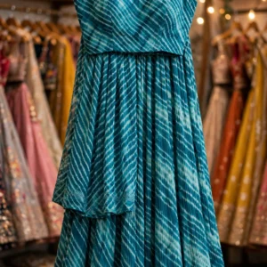 Ethereal Teal Wave Shibori-Style Chanderi Lehenga Set – Available in Teal and Ocean Blue