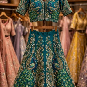 Peacock Symphony Embroidered Silk Lehenga Set – Teal