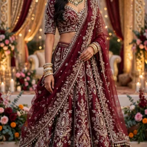Royal Wine Velvet Embroidered Bridal Lehenga Set – Elegance Redefined