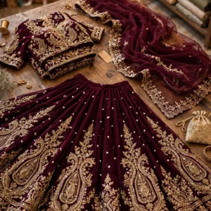 Opulent Hand-Embroidered Shimmer Silk Lehengas – Available in Champagne Gold & Regal Maroon