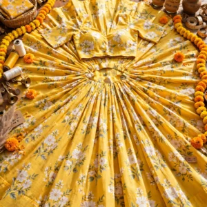Radiant Haldi Ensemble: Handcrafted Gota Patti & Floral Printed Lehengas – Available in Sunshine Yellow Embellished & Floral Bloom