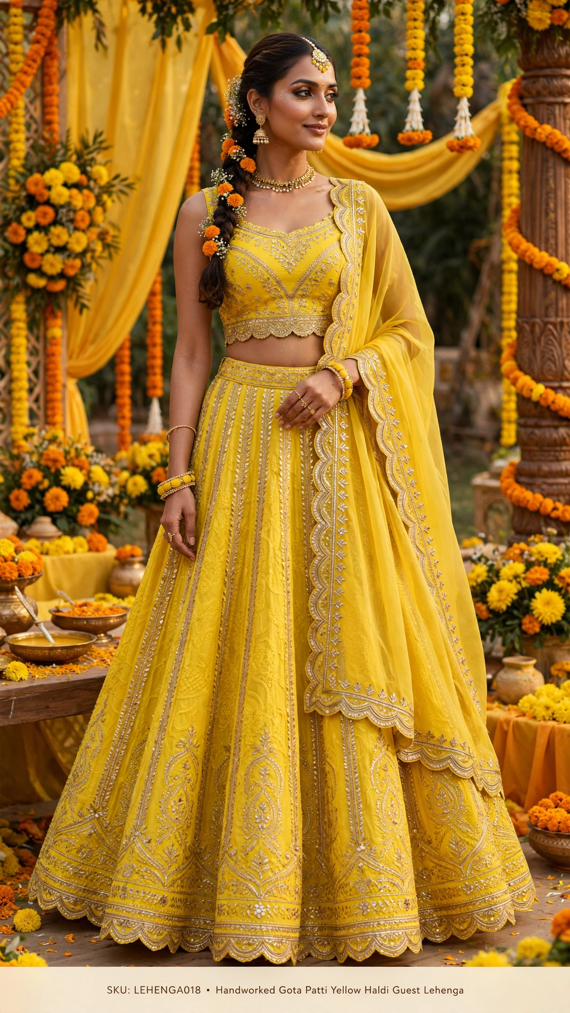 Radiant Haldi Ensemble: Handcrafted Gota Patti & Floral Printed Lehengas – Available in Sunshine Yellow Embellished & Floral Bloom - Image 2