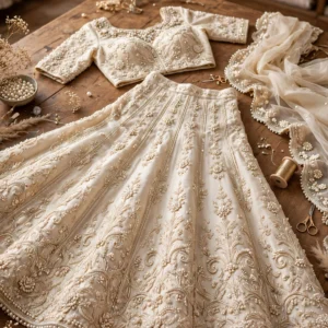 Ethereal Pearl-Embellished & Opulent Velvet Bridal Lehengas – Available in Ivory Cream & Royal Maroon