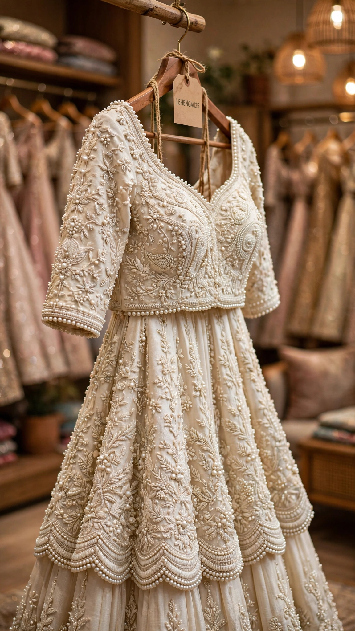 Ethereal Pearl-Embellished & Opulent Velvet Bridal Lehengas – Available in Ivory Cream & Royal Maroon - Image 2