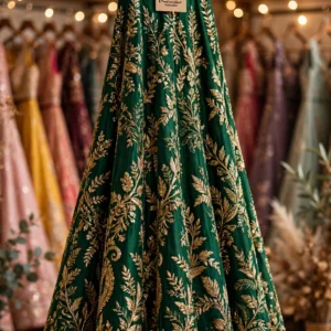 Regal Zardosi Velvet Lehenga Set – Available in Emerald Green & Antique Gold