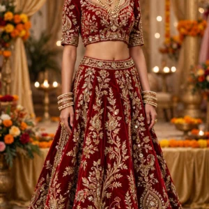Ethereal Floral & Ruffled Ethnic Lehengas – Available in Pastel Pink, Ivory Floral & Royal Velvet Red