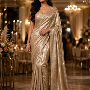 Opulent Embellished Shimmer Saree Collection – Available in Golden Glow, Midnight Black & Royal Maroon