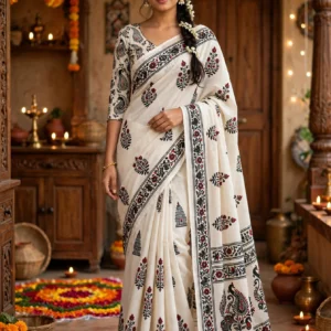 Ethereal Floral & Paisley Printed Saree Ensemble – Available in Lilac & Off-White