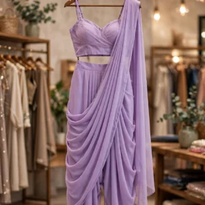 Elegant Lavender Co-ord Drape Set & Floral Serenity Saree – Available in Lavender & Floral Blue